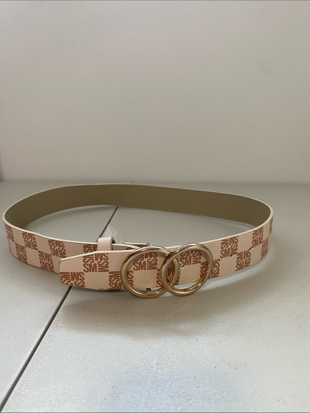 Steve Madden Monogram Double Ring Buckle Belt Beige/Cream Small